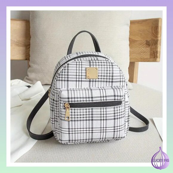 BLACK PLAID MINI BACKPACK1pc New Plaid Stylish Backpack, Multi Functional Casual - Picture 2 of 3